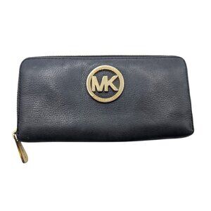 Michael Kors Black Pebbled Leather Zip-Around Wallet With Gold MK Logo & Multipl